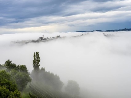 Church rises out of the morning mist, Frauenberg pilgrimage church, near Leibnitz, Styria, Austria,