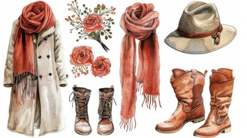 Fashionable fall clothing including a coat, scarves, boots, and a hat paired with autumn flowers in