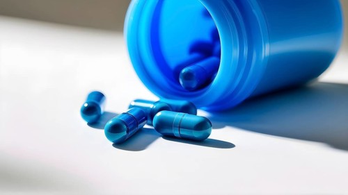 Glass bottle filled with assorted colored painkiller pills, AI generated