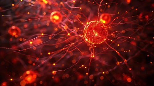 Sci-fi abstract image depicting glowing red neurons and synapses, creating a network of light