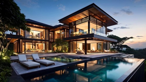 Luxurious wooden house with swimming pool reflecting the opulence of billionaires nestled in
