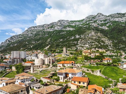 Kruje and Mount Kruje from a drone, Ishem River, Albania, Europe