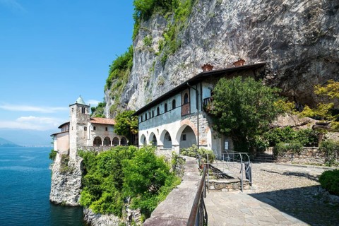 Eremo di Santa Caterina del Sasso in a Sunny Day in Leggiuno, Lombardy, Italy, Europe