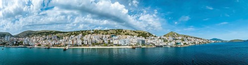 Panorama of Saranda from a drone, Albanian Riviera, Albania, Europe