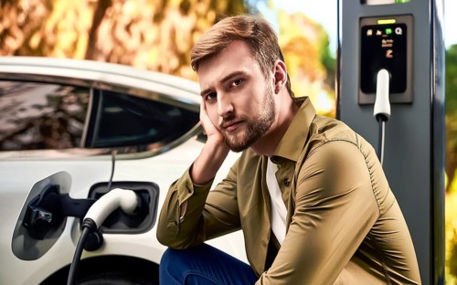 A man sits bored at a charging station and waits until his electric car is charged, AI generated,
