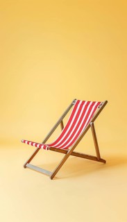 A red and white striped beach chair with wooden legs. The chair is empty and is sitting on a yellow