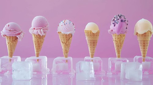 A row of ice cream cones with different flavors, AI generated