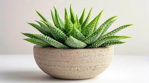 Aloe vera plant in a textured stone-like pot with a simple background, conveying simplicity and
