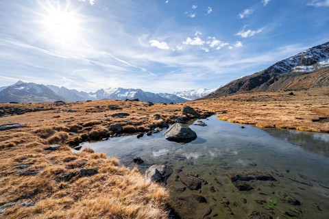 Small lake on the high plateau of the Gurgler Seenplatte, glaciated mountain peaks in the