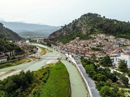 Berat from a drone, Osum River, Albania, Europe