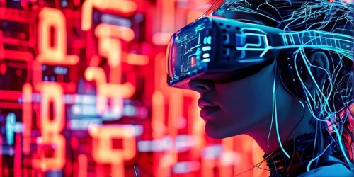 Portrait of a woman with data goggles displaying intricate streams of digital information against