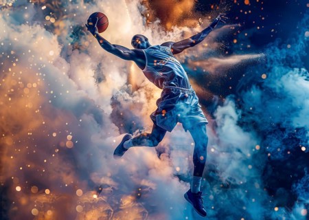 Basketball player jumping in the air with a basketball ready to slam dunk, AI generated