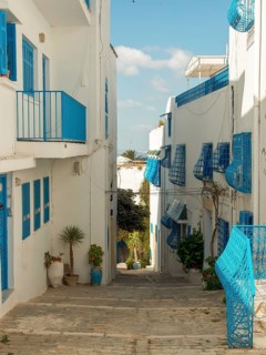 White buildings with blue windows and balconies in a narrow, picturesque alley, Tunis in Africa