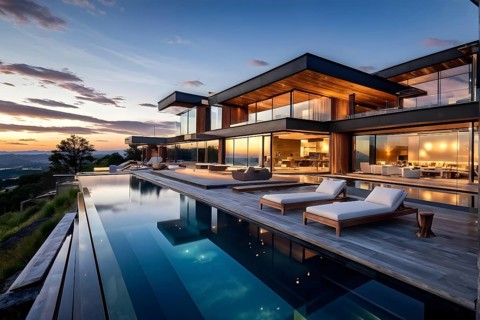 Luxurious wooden house with swimming pool reflecting the opulence of billionaires nestled in