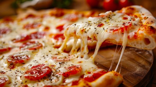 Slice of pepperoni pizza with melting cheese and herbs on a wooden board, AI generated