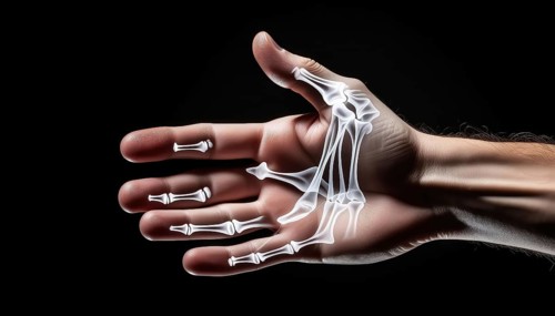 A hand is shown from the side, with the bones visible as in an X-ray image, on a dark background,