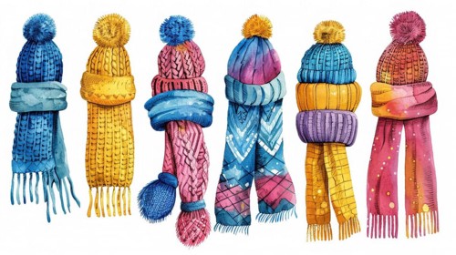 An array of colorful winter scarves and beanies with pom-poms, AI generated