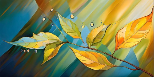 Abstract digital painting embodying sustainability with intertwining leaves glisten with water