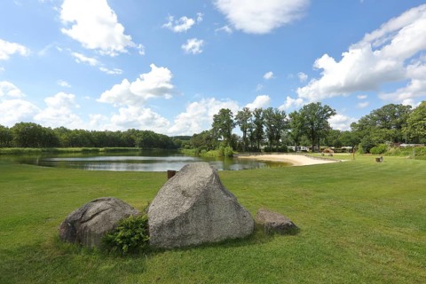 Camping Sonnensee, bathing lake with sandy beach, Versmold, North Rhine-Westphalia, Germany, Europe