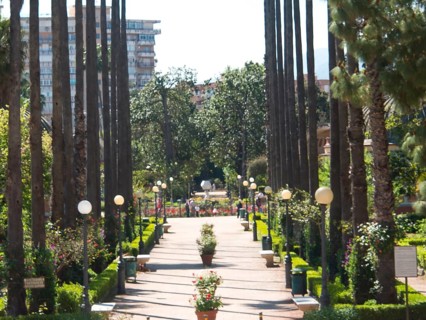 A quiet park avenue with symmetrically arranged trees and green bushes, residential buildings in