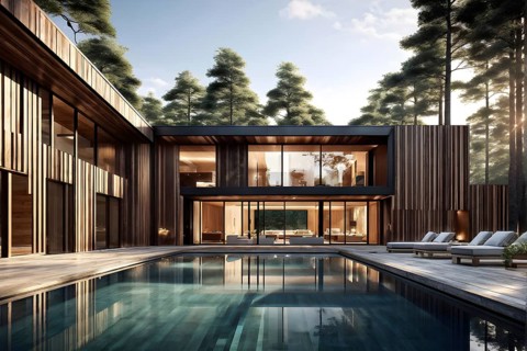 Luxurious wooden house with swimming pool reflecting the opulence of billionaires nestled in
