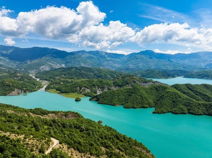 Bovilla Lake and Mountains from a drone, Bovilla Reservoir, Tirana, Albania, Europe