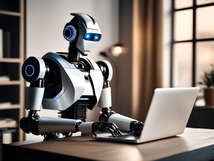 Android, robot writing on a laptop in the home office, symbolic image artificial intelligence