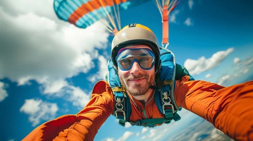 Close-up of a beautiful man in an orange jumpsuit skydiving through the air, AI generated