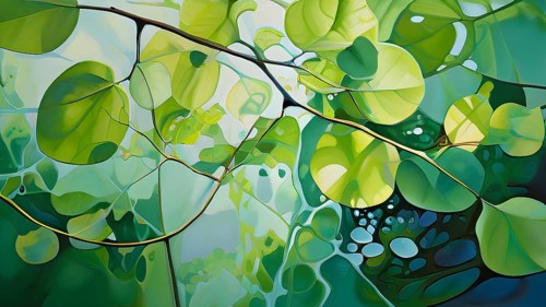 Abstract digital painting embodying sustainability with intertwining leaves glisten with water
