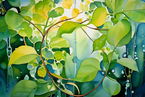 Abstract digital painting embodying sustainability with intertwining leaves glisten with water