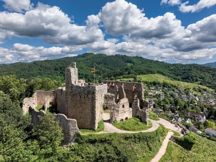 Aerial view of Staufen Castle, on a vineyard, Schlossberg, Staufen im Breisgau, Markgraeflerland,