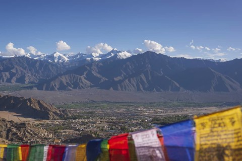 Panorama from Tsenmo Hill over Leh and the Indus Valley to Hemis National Park with Stok Kangri,