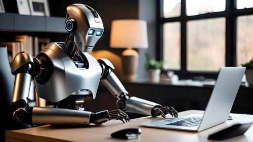 Android, robot writing on a laptop in the home office, symbolic image artificial intelligence