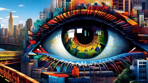 Illustration mosaic collage of an abstract detailed eye morphing into urban cityscape, AI generated