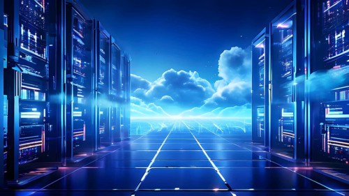 Server racks aligned in rows within a cloud computing data center background and data streams
