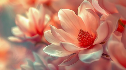 Dreamy close-up of a peach-colored magnolia blossom with soft lighting highlighting its delicate