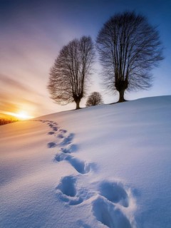 Footprints in fresh snow on a hill with a row of trees in winter, backlight, AI generated, AI