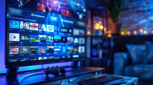 Digital streaming platform with movies and series on large TV screen, AI generated
