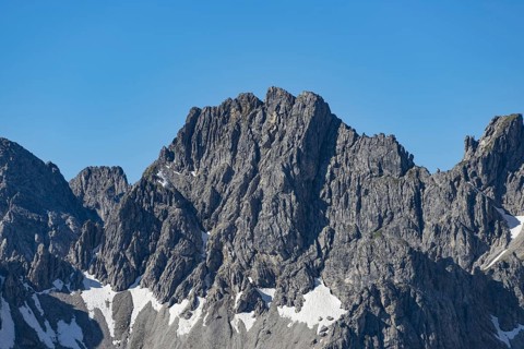 Mountain panorama from Fellhorn, 2038m, to Hochgehrenspitze, 2251m Allgaeu Alps, Allgaeu, Bavaria,