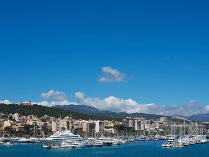 City view with harbour full of yachts and boats, surrounded by buildings and mountains under a blue