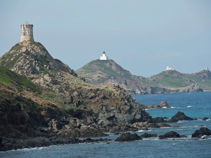 Coastal landscape with several hills and lighthouses along the sea, Corsica, ajaccio, France,