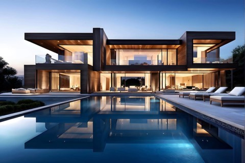 Luxurious wooden house with swimming pool reflecting the opulence of billionaires nestled in