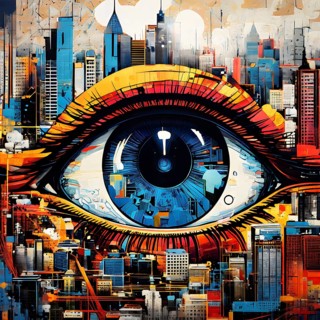 Illustration mosaic collage of an abstract detailed eye morphing into urban cityscape, AI generated