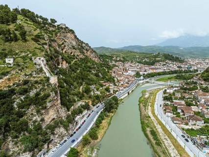 Berat from a drone, Osum River, Albania, Europe