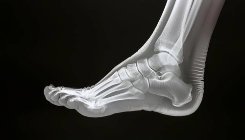 Detailed X-ray image of a human foot with visible skeleton in front of a dark background, AI