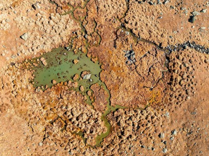 Aerial view, top-down view, small lake on the high plateau of the Gurgler Seenplatte, near