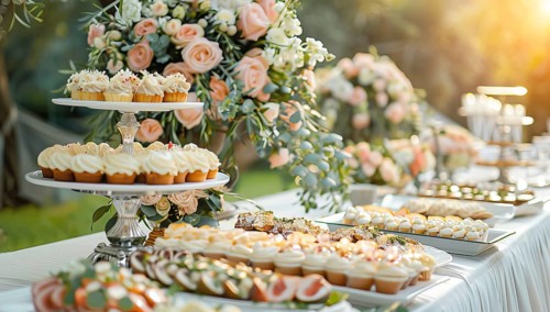 A buffet table with a variety of food, all you can eat buffet, AI generated