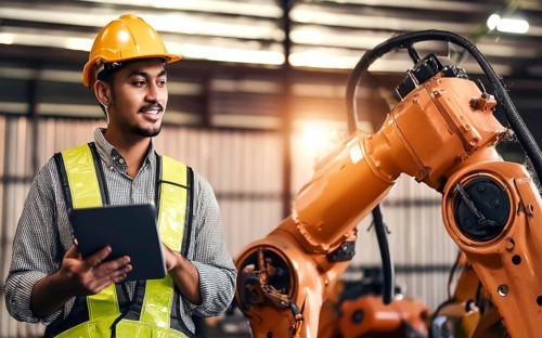 Industrial engineer with tablet control, automation of robot arms, intelligent monitoring, AI