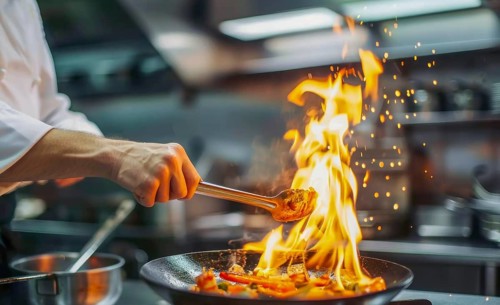 Chef in modern kitchen preparing gourmet meal in upscale restaurant of world cuisine, AI generated