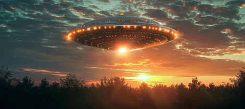 A large, glowing, alien shaped UFO saucer object is flying. UAP, Unexplained Aerial Phenomena, AI